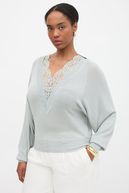Chloé Wool Lace Trimmed V-Neck Sweater