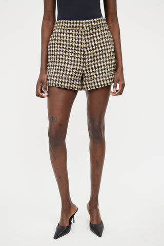 Beige & Black Houndstooth Tweed Shorts