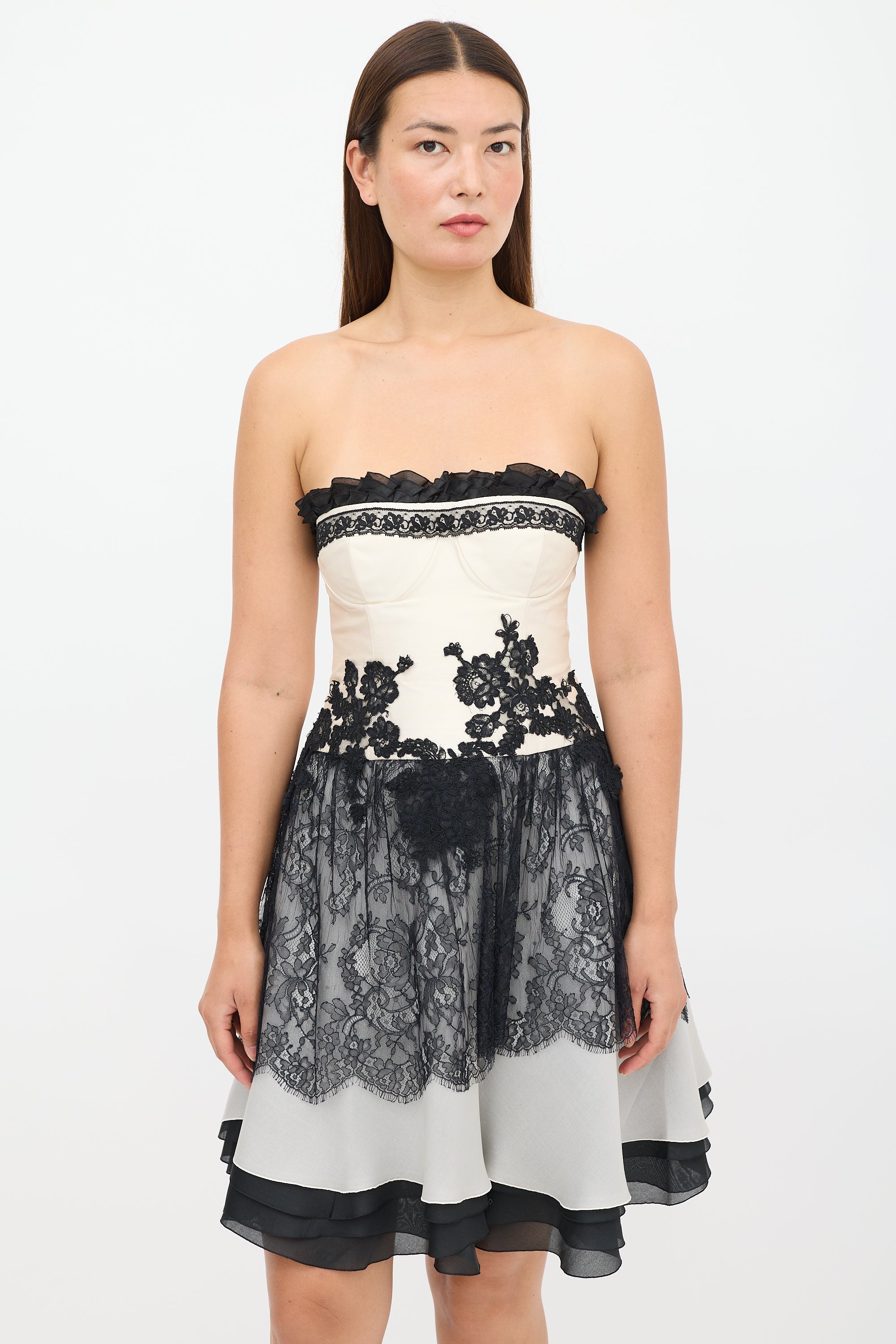 Christian Lacroix // Cream & Black Lace Bustier Dress – VSP Consignment