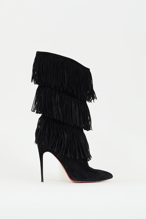 Christian Louboutin Black Suede Forever Tina Fringe Boot