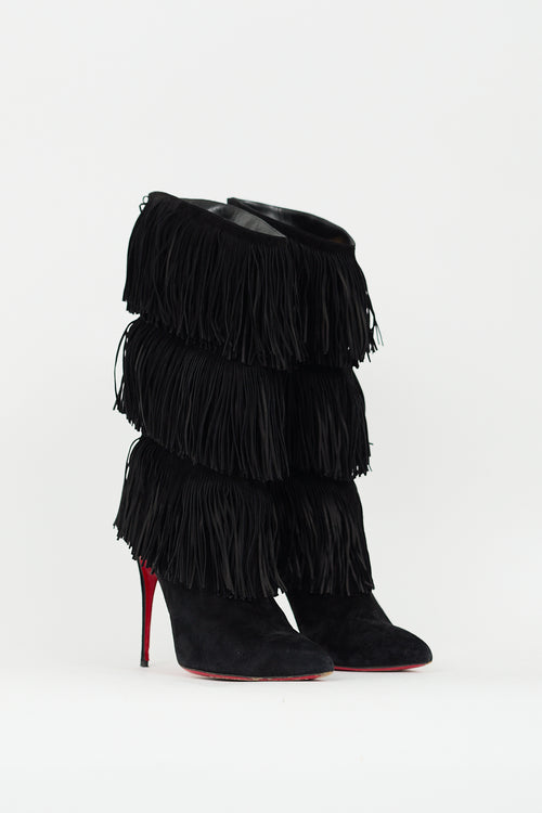 Christian Louboutin Black Suede Forever Tina Fringe Boot