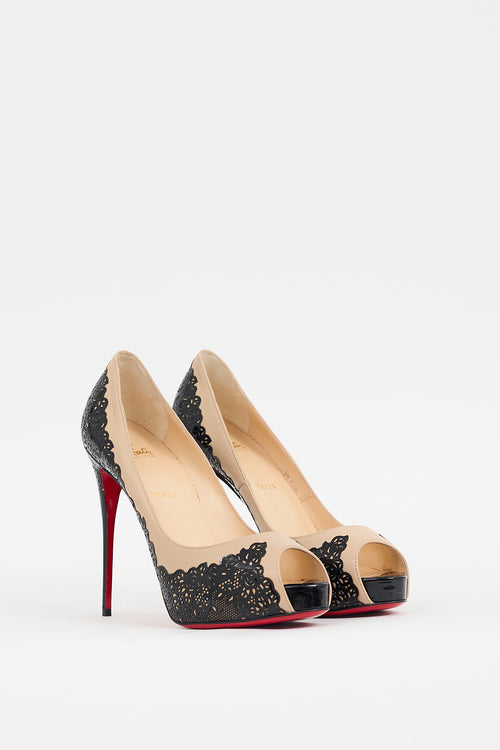 Christian Louboutin Black & Beige Leather Veramucha Lace Pump