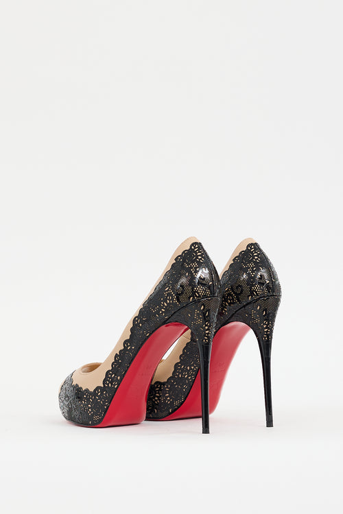 Christian Louboutin Black & Beige Leather Veramucha Lace Pump