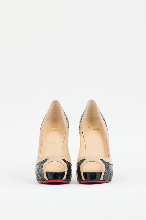 Christian Louboutin Black & Beige Leather Veramucha Lace Pump