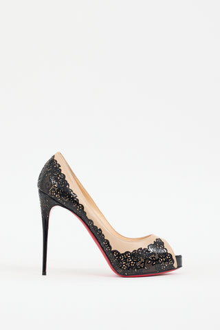 Christian Louboutin Black & Beige Leather Veramucha Lace Pump