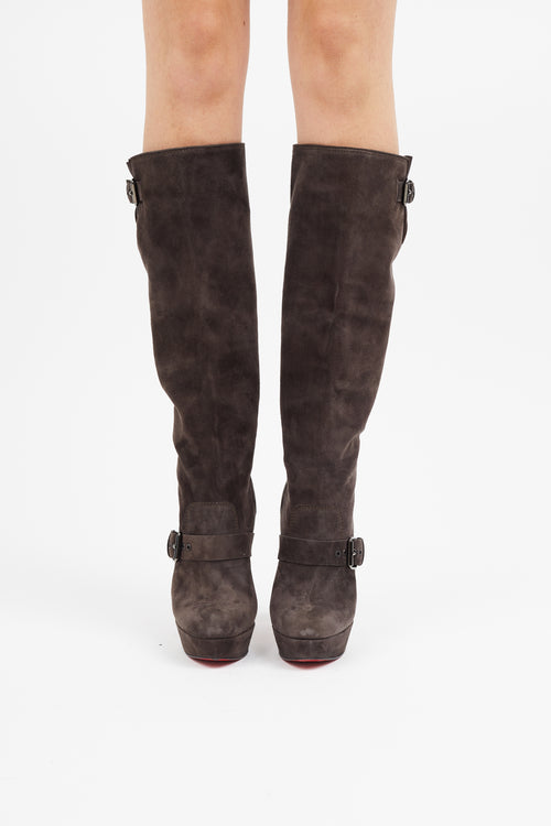Christian Louboutin Brown Suede Knee High Pump Boot