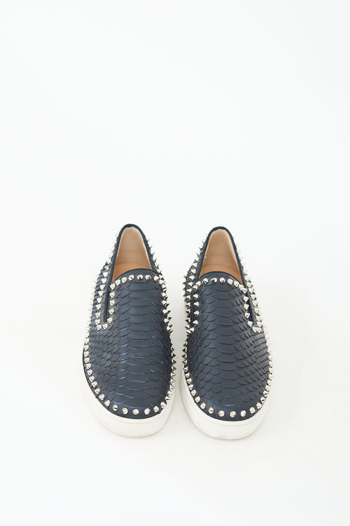 Christian Louboutin Navy Textured Leather Pik Boat Slip On Sneaker