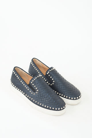 Christian Louboutin Navy Textured Leather Pik Boat Slip On Sneaker