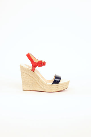 Christian Louboutin White, Navy & Red Spachica Wedge