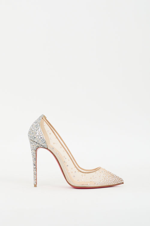 Christian Louboutin Beige & Silver Glitter Follies Strass 100 Pump