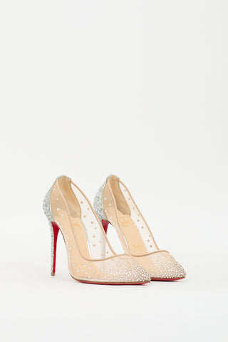 Christian Louboutin Beige & Silver Glitter Follies Strass 100 Pump