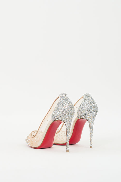 Christian Louboutin Beige & Silver Glitter Follies Strass 100 Pump