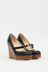 Christian Louboutin Black & Brown Patent Leather & Wood Wallis Wedge