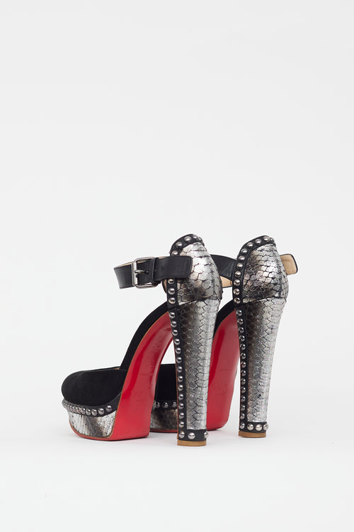 Christian Louboutin Black & Grey Figurina Textured Leather Heel