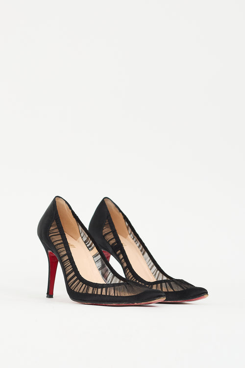 Christian Louboutin Black Satin & Mesh Ruched Pump