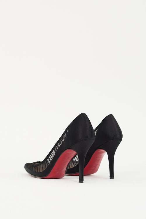 Christian Louboutin Black Satin & Mesh Ruched Pump