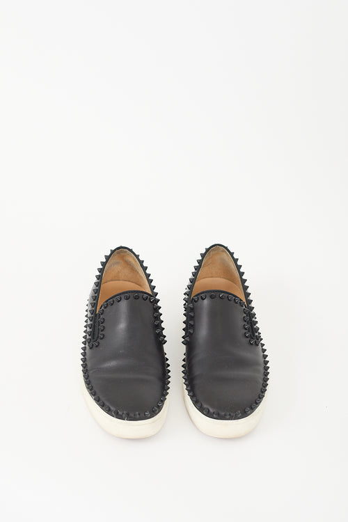 Christian Louboutin Black Leather Pik Boat Studded Slip On Sneaker