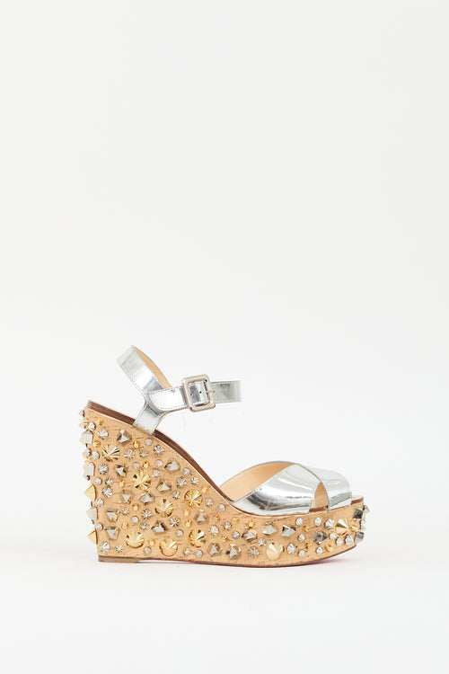 Christian Louboutin Gold & Silver Almeria Studded Wedge Sandal