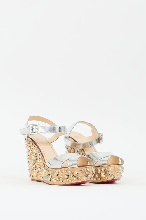 Christian Louboutin Gold & Silver Almeria Studded Wedge Sandal