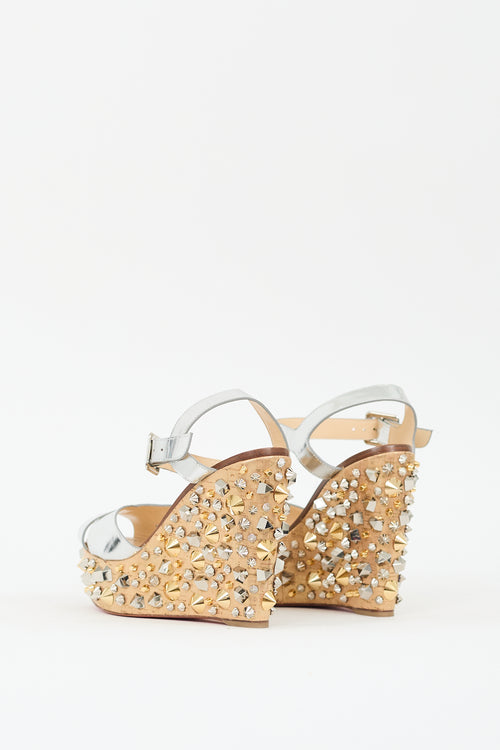 Christian Louboutin Gold & Silver Almeria Studded Wedge Sandal