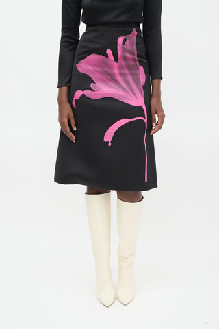 Christopher Kane Black & Pink Satin Anthomania Flower Print Skirt