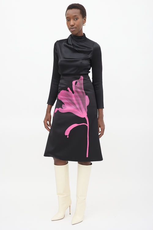 Christopher Kane Black & Pink Satin Anthomania Flower Print Skirt