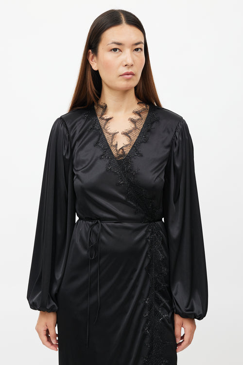 Christopher Kane Black Satin Lace Wrap Dress