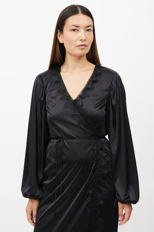 Christopher Kane Black Satin Lace Wrap Dress