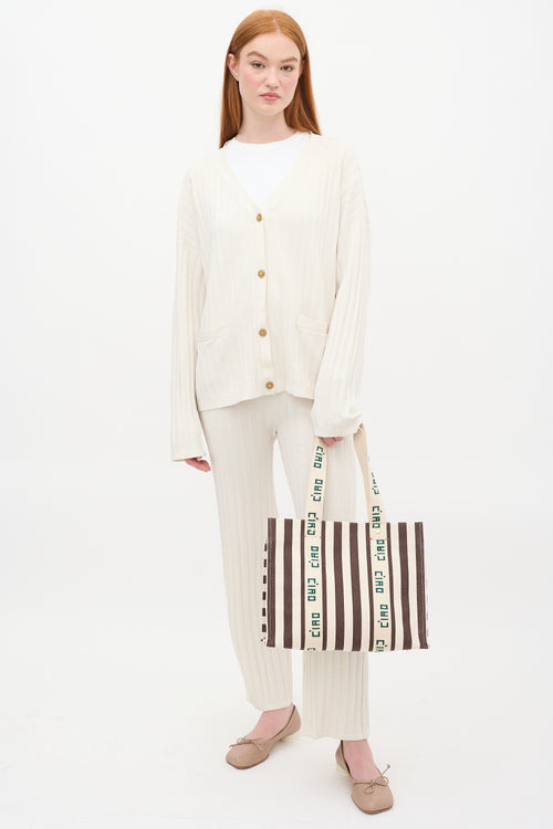 Clare V. Beige & Brown Canvas Noemie Embroidered Striped Tote Bag