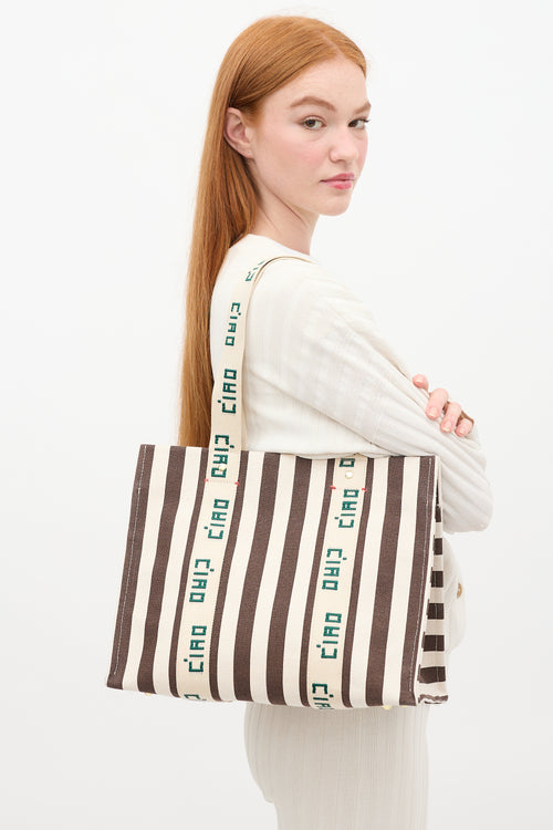 Clare V. Beige & Brown Canvas Noemie Embroidered Striped Tote Bag