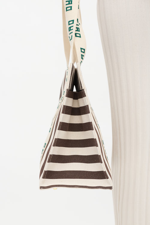 Clare V. Beige & Brown Canvas Noemie Embroidered Striped Tote Bag