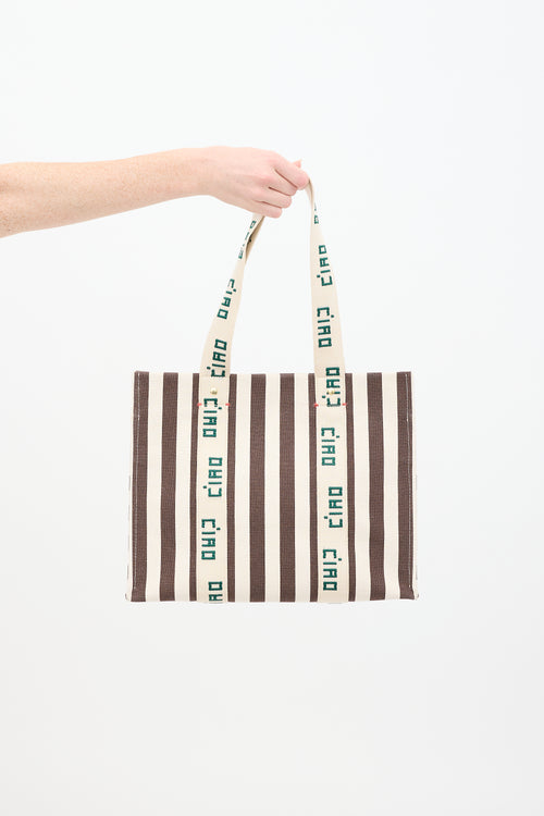 Clare V. Beige & Brown Canvas Noemie Embroidered Striped Tote Bag