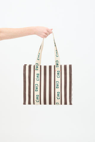 Clare V. Beige & Brown Canvas Noemie Embroidered Striped Tote Bag