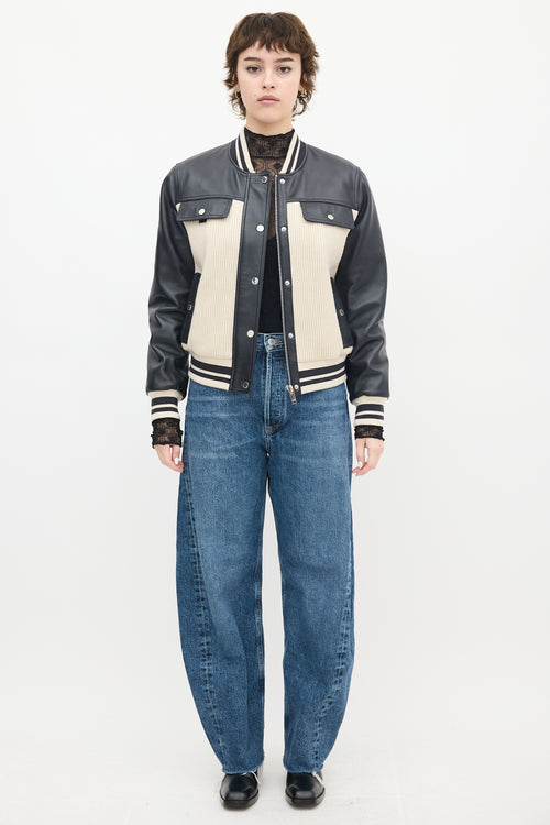 Claudie Pierlot Cream Knit & Black Leather Panelled Varsity Jacket