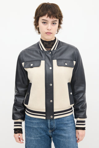 Claudie Pierlot Cream Knit & Black Leather Panelled Varsity Jacket