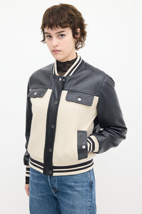 Claudie Pierlot Cream Knit & Black Leather Panelled Varsity Jacket