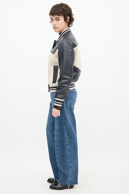 Claudie Pierlot Cream Knit & Black Leather Panelled Varsity Jacket