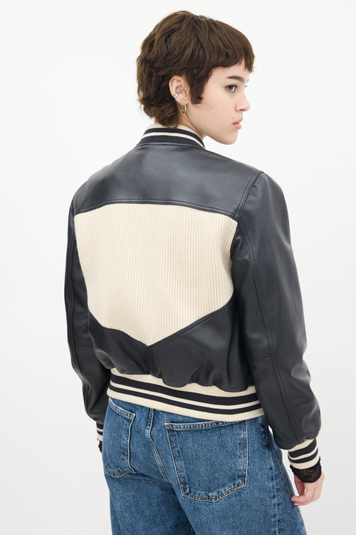 Claudie Pierlot Cream Knit & Black Leather Panelled Varsity Jacket