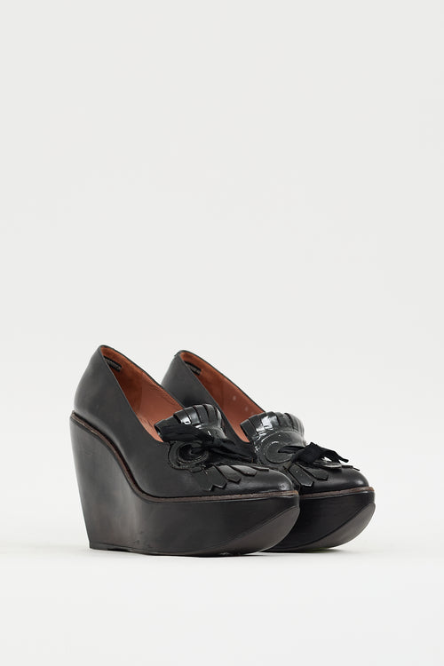 Clergerie Black Leather Fringed Platform Wedge Heel