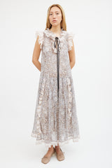 Coach Pink & Grey Metallic Floral Tiered Maxi Dress