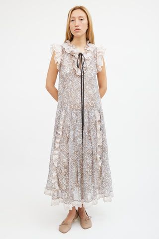 Coach Pink & Grey Metallic Floral Tiered Maxi Dress