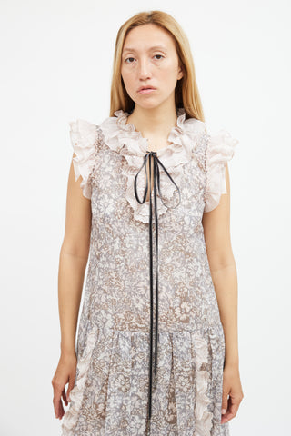Coach Pink & Grey Metallic Floral Tiered Maxi Dress
