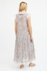 Coach Pink & Grey Metallic Floral Tiered Maxi Dress