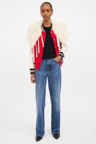 Red & Multicolour Fur Trim Varsity Jacket