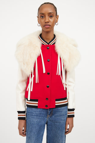 Red & Multicolour Fur Trim Varsity Jacket