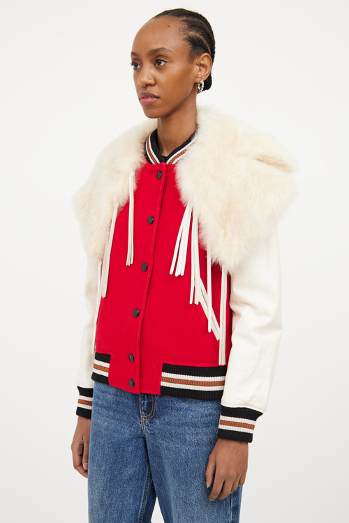 Red & Multicolour Fur Trim Varsity Jacket