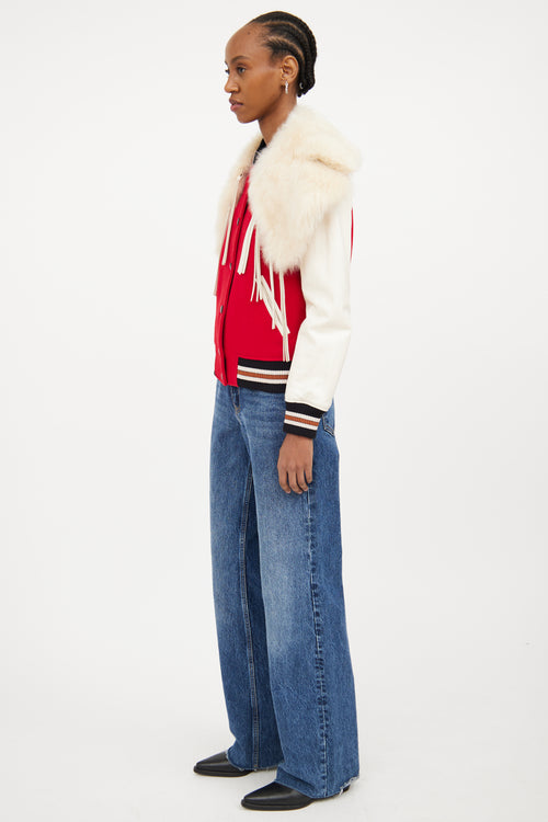 Red & Multicolour Fur Trim Varsity Jacket