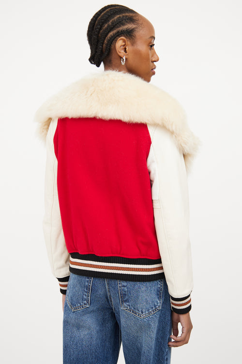 Red & Multicolour Fur Trim Varsity Jacket