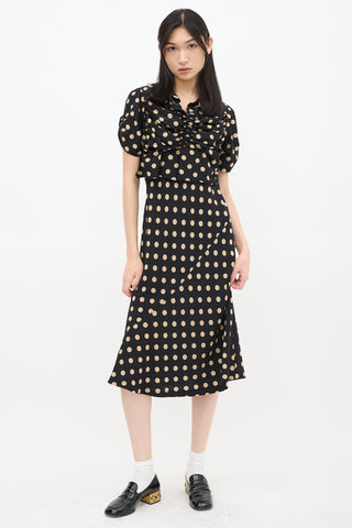 Comme des Garçons Black & Beige Silk Polka Dot Ruched Bias Dress