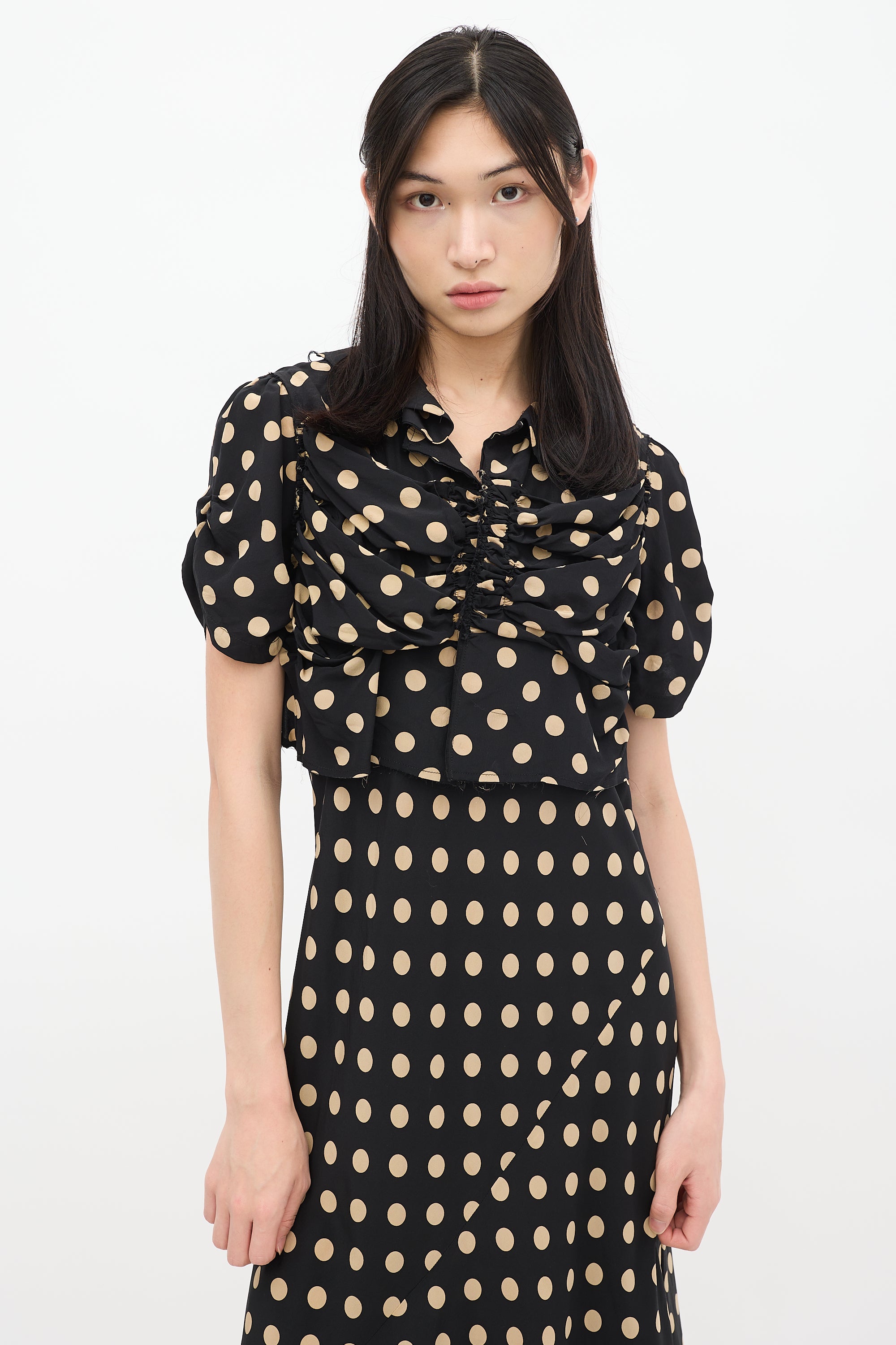Comme des Garons // Black & Beige Silk Polka Dot Ruched Bias Dress VSP Consignment Comme des Garons // Black & Beige Silk Polka Dot Ruched Bias Dress VSP Consignment